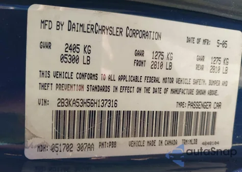 2006 Dodge Charger Rt из США, поврежденный, VIN 2B3KA53H56H137316